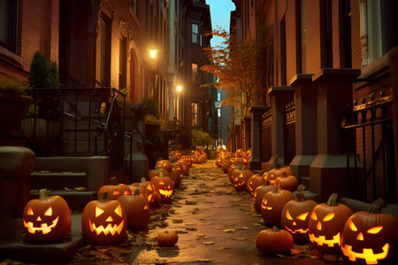 Halloween background with pumpkins and witch. 3D illustration.の素材