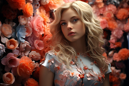 Portrait of a beautiful blonde woman with flowers in her hair.の素材