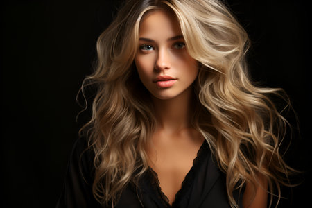 Portrait of beautiful young woman with long curly hair on black backgroundの素材