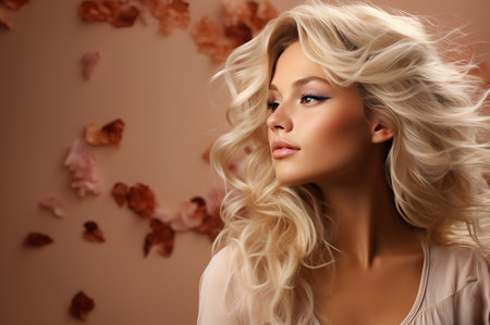 Portrait of a beautiful young blonde woman with long curly hair.の素材