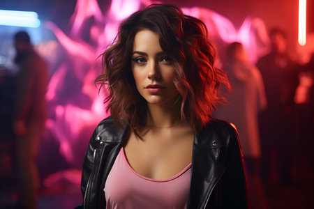 Portrait of a beautiful young woman in a nightclub with neon lights.の素材