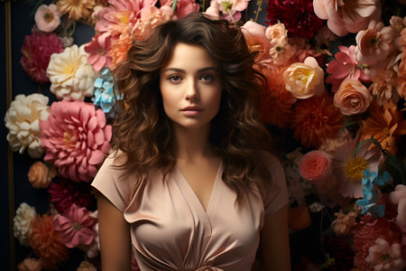 Beautiful young woman with long curly hair and flowers. Beauty, fashion.の素材