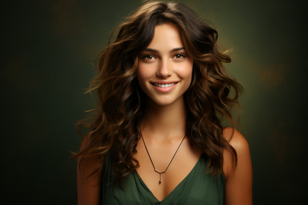 Portrait of beautiful young woman with long curly hair on dark backgroundの素材