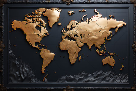 golden map of the world on a black background. 3d renderingの素材