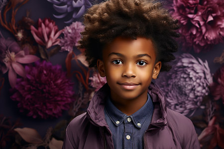 Beautiful african american girl with afro hairstyle posing over floral background.の素材