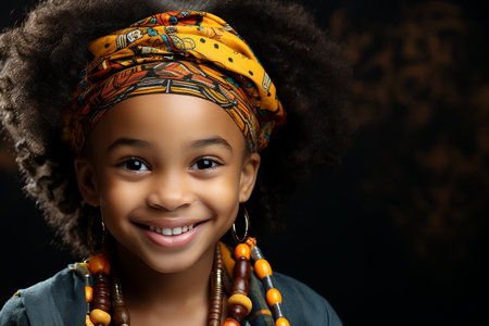 Portrait of a cute African American little girl on dark backgroundの素材