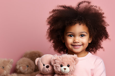 Little african american girl with teddy bear on pink backgroundの素材