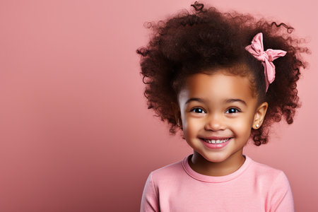 Cute african american little girl with curly hair on pink backgroundの素材