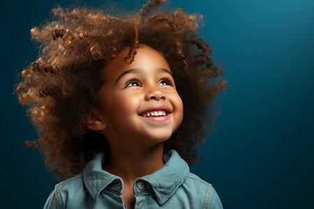 Portrait of a smiling little african american girl on blue backgroundの素材