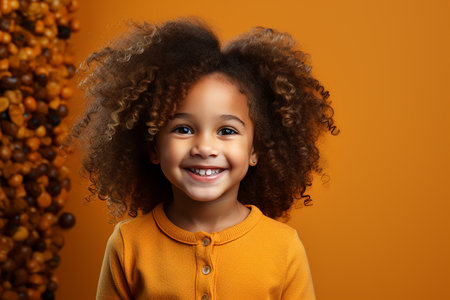 Portrait of a cute little african american girl smiling at the camera, isolated over orange backgroundの素材
