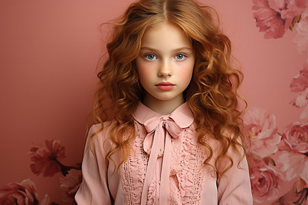 fashion studio photo of beautiful little girl with blond hair in elegant clothesの素材