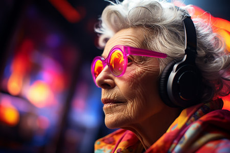 Elderly woman with headphones listening to music in front of the fireplace.の素材