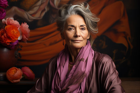 Portrait of a beautiful senior woman sitting in a room with flowersの素材