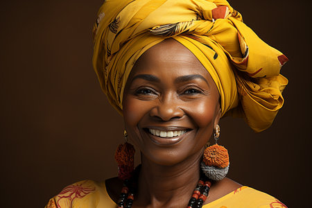 Beautiful african woman wearing yellow headscarf and smiling.の素材