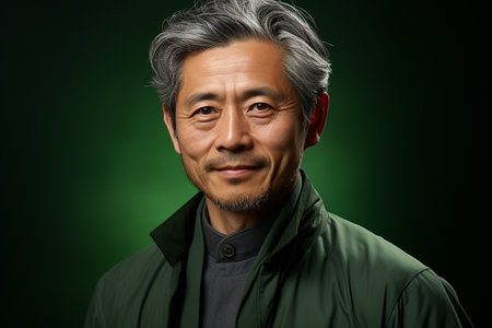 Portrait of an Asian senior man in green jacket on a green backgroundの素材