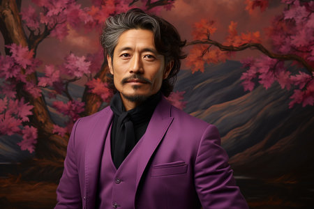 Portrait of a handsome Asian man in a purple suit.の素材