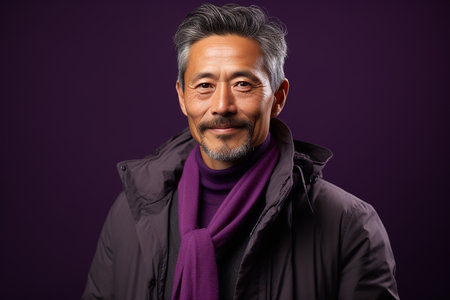 Portrait of a handsome Asian man in a coat and scarfの素材