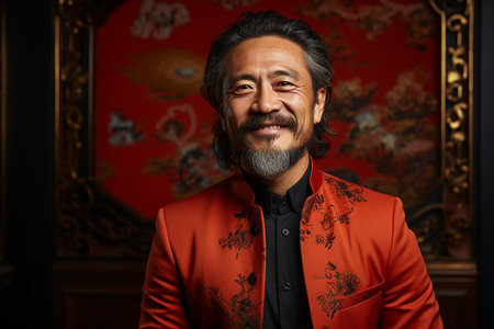 Portrait of a handsome mature man in a red suit posing at home.の素材