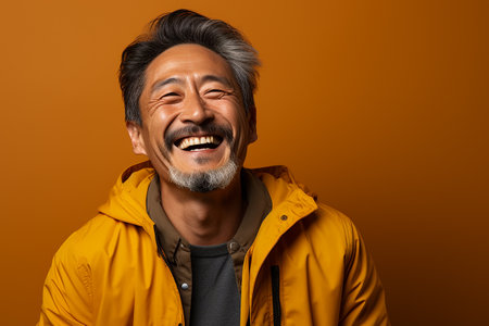 happy asian man in yellow jacket laughing and looking at camera isolated on orangeの素材