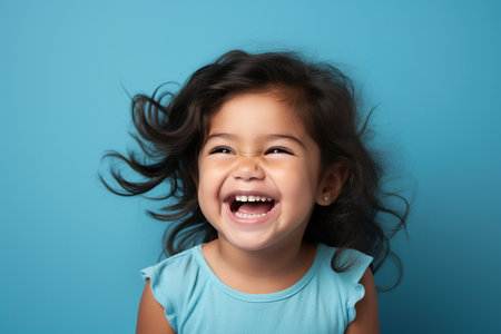 Portrait of a happy little girl with long hair on blue backgroundの素材