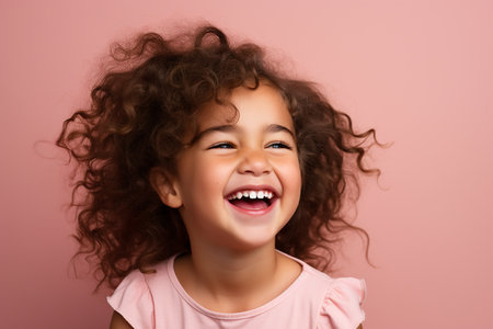 Portrait of a smiling little girl with curly hair over pink backgroundの素材
