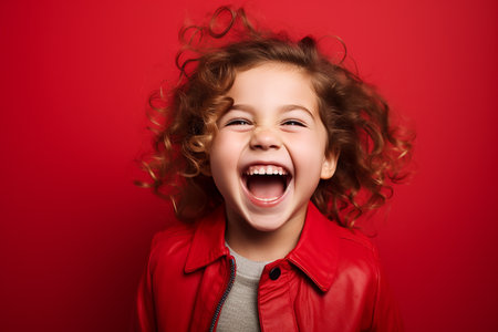 Portrait of a cheerful little girl in a red jacket on a red background.の素材
