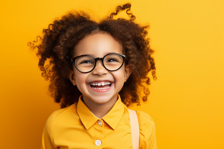 happy african american child in eyeglasses smiling at camera isolated on yellowの素材