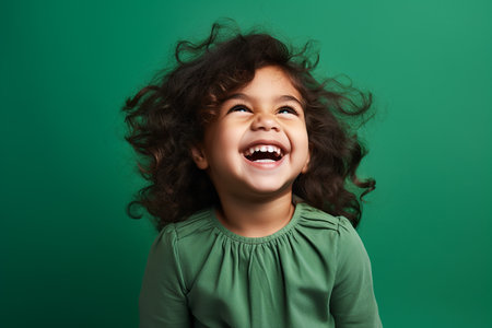 Portrait of a laughing little girl looking at camera isolated over green backgroundの素材