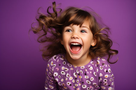 Portrait of a happy little girl with flying hair over purple backgroundの素材