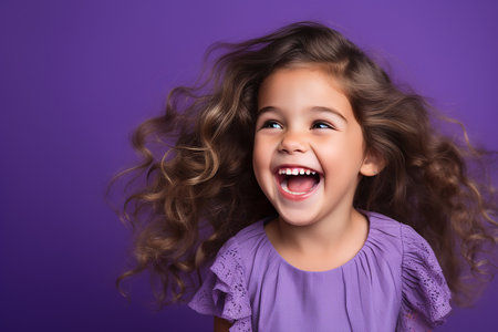 Portrait of a cute little girl with long curly hair on a purple backgroundの素材