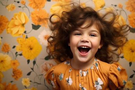 Portrait of a smiling little girl with long curly hair on a floral backgroundの素材