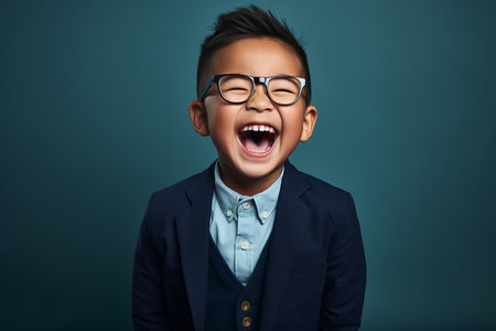 Portrait of happy little Asian boy in suit and eyeglassesの素材