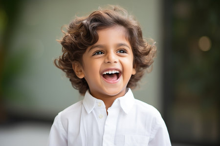 Portrait of cute little boy laughing and looking at camera at homeの素材