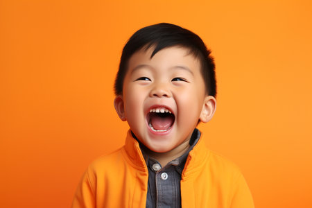 Portrait of happy Asian boy on orange background, closeupの素材