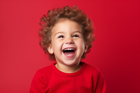 Portrait of a cheerful little boy with curly hair on a red backgroundの素材