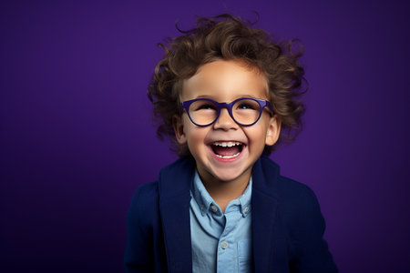 Portrait of a happy little boy in glasses over purple background.の素材
