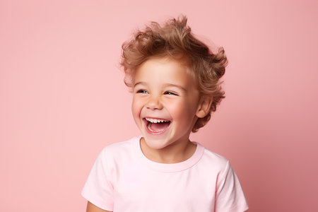 Portrait of a laughing little girl on a pink background. Studio shot.の素材