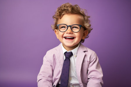 Portrait of a cute little boy in glasses on purple background.の素材