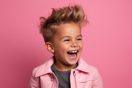 Portrait of a cute little boy with blond hair in a pink jacket on a pink backgroundの素材