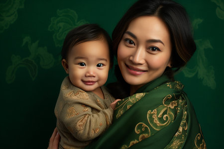 Happy Asian mother and her daughter in a green satin cloth.の素材