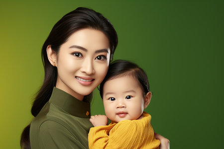 Portrait of happy Asian mother and her daughter on green backgroundの素材