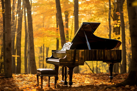 Piano in the autumn forest. Beautiful fall landscape. Piano in the autumn forestの素材