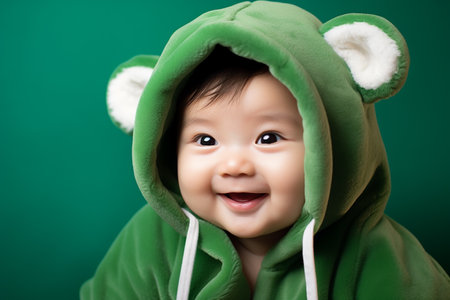 Portrait of cute asian baby boy in green christmas costumeの素材