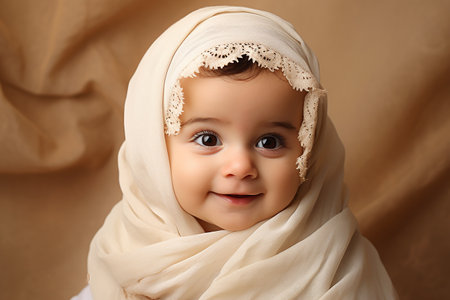 Cute little baby in hijab on beige background, closeupの素材