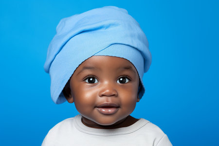 Little african american baby boy wearing a blue hat over blue backgroundの素材