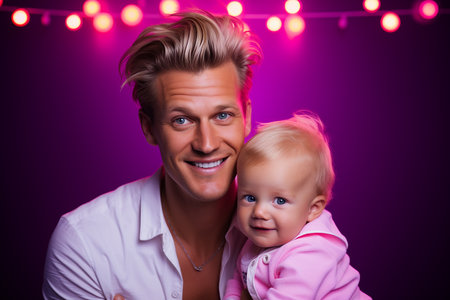 Portrait of a happy young man with his little daughter on purple backgroundの素材
