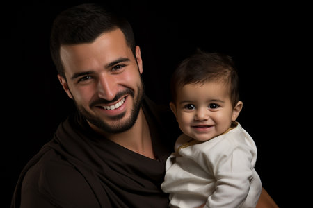 Portrait of happy young father with his little daughter on black backgroundの素材