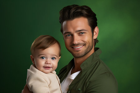 Portrait of handsome young father with his adorable little daughter on color backgroundの素材
