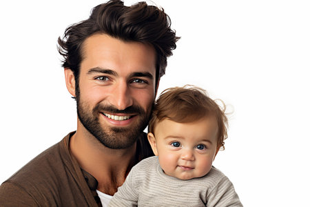 Happy young father with his little son isolated on a white background.の素材