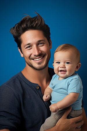 Portrait of a happy father with his baby boy on blue backgroundの素材